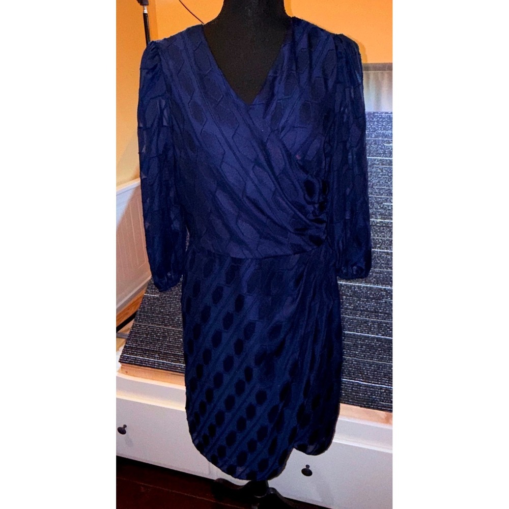 London Times Wrap Dress Womens 8 Navy Blue Geometric Burnout 3/4 Sleeve V-Neck